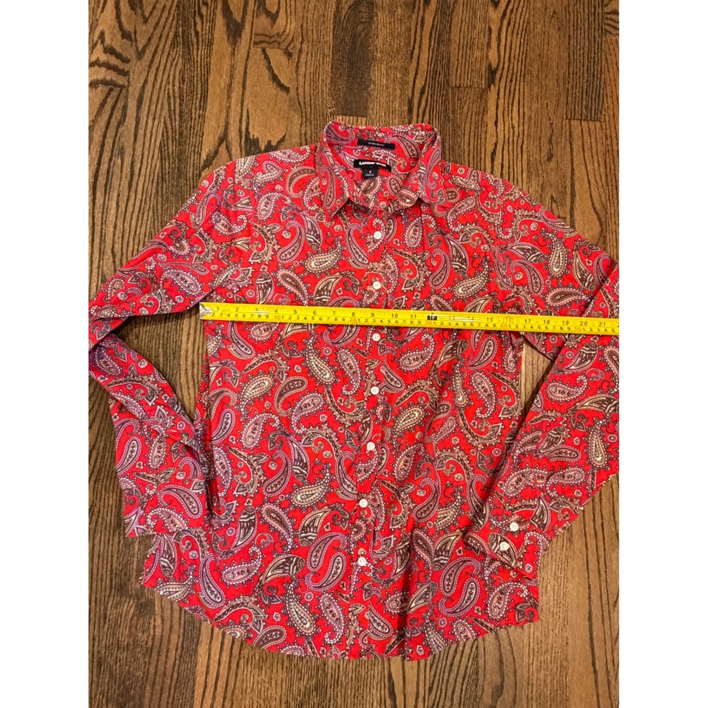 Lands End Button Down Womens 6 Red Paisley Western Supima Cotton No Iron Top